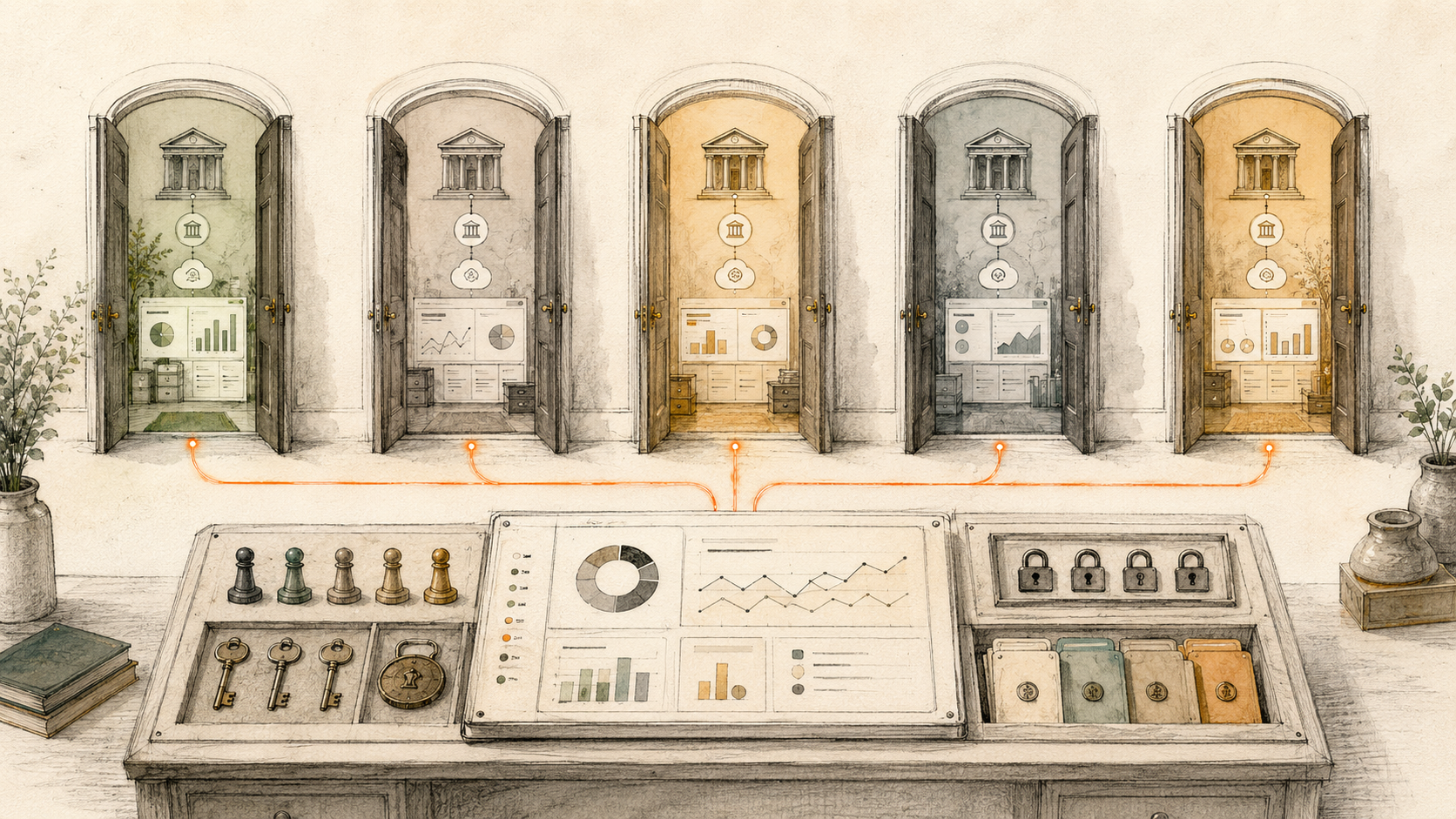 Separate client portal doorways feeding a controlled accounting overview