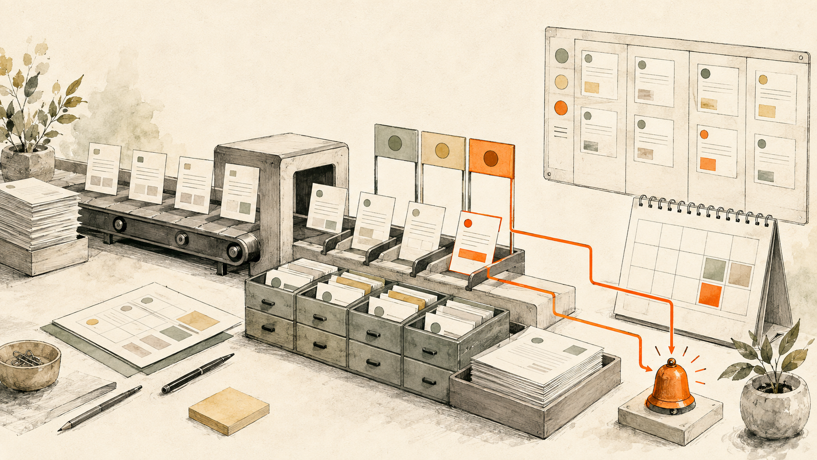 Invoices moving through status lanes, calendar slots and an overdue alert
