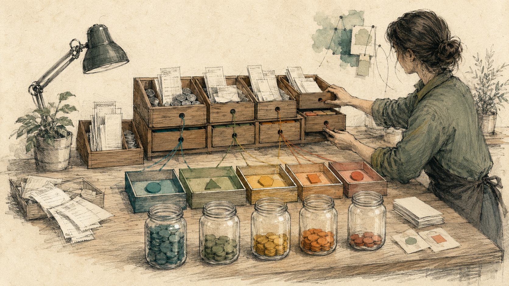 Hand-drawn expense management table linking sorted drawers to project boxes and budget jars