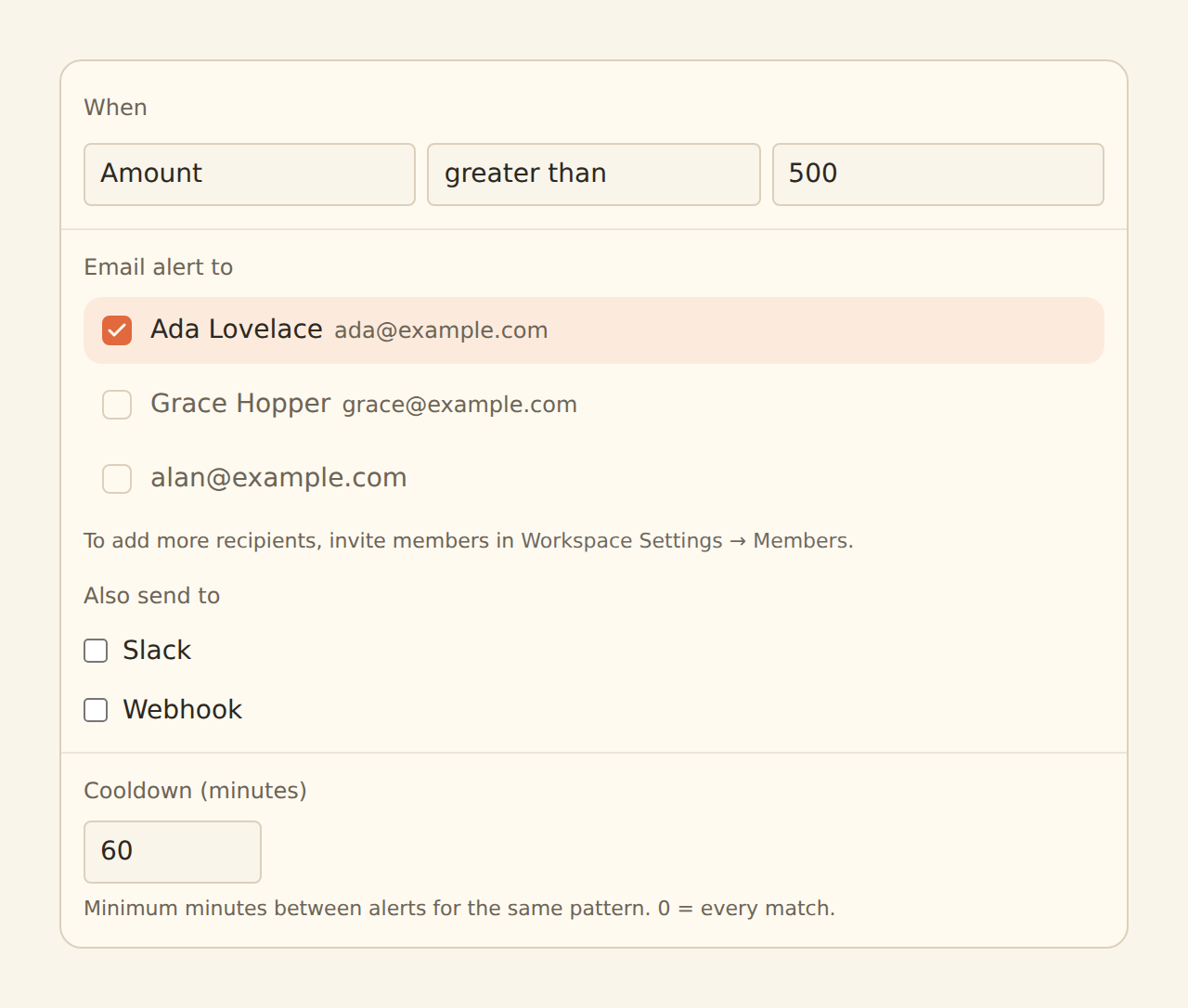 BankSync Alert configuration with conditions, destinations and cooldown