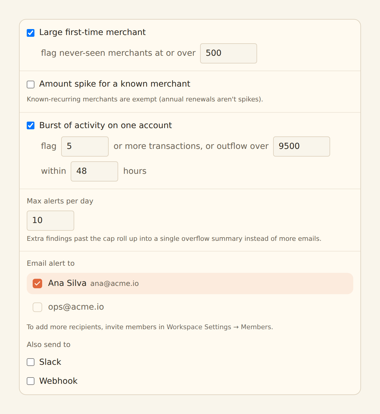 BankSync Anomaly Detector configuration for new merchants, amount spikes and bursts