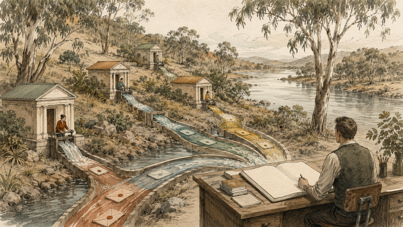Hand-drawn Australian client bank streams converging through separate consent channels at an accountant's ledger
