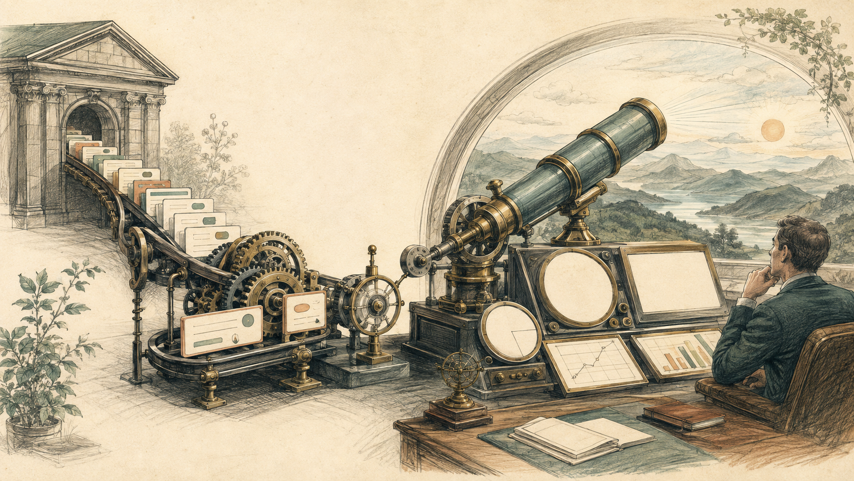 Hand-drawn automated financial reporting observatory transforming transaction cards into clear insights