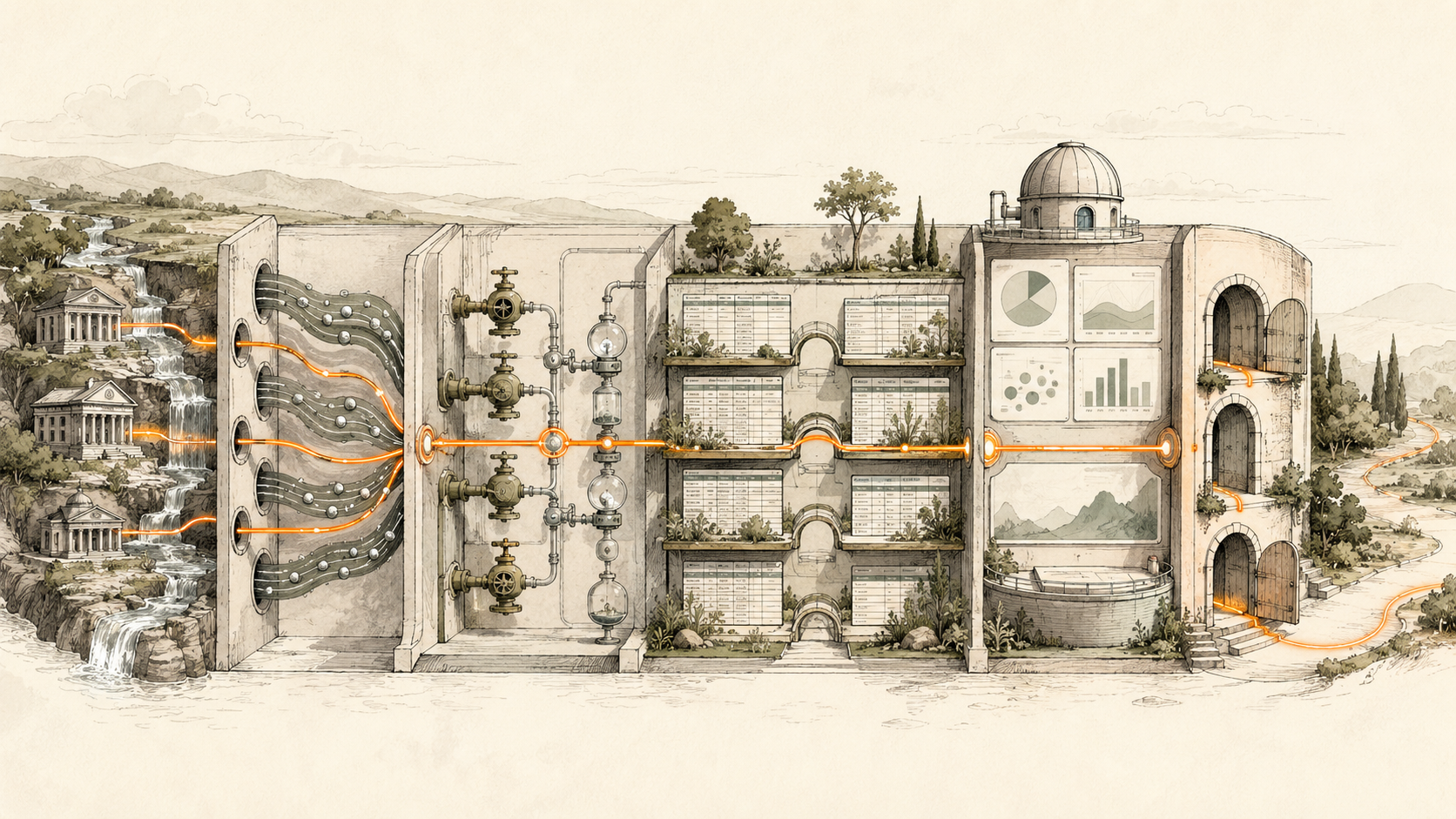 Bank sources, enrichments, tables, dashboards and portals connected as one finance stack