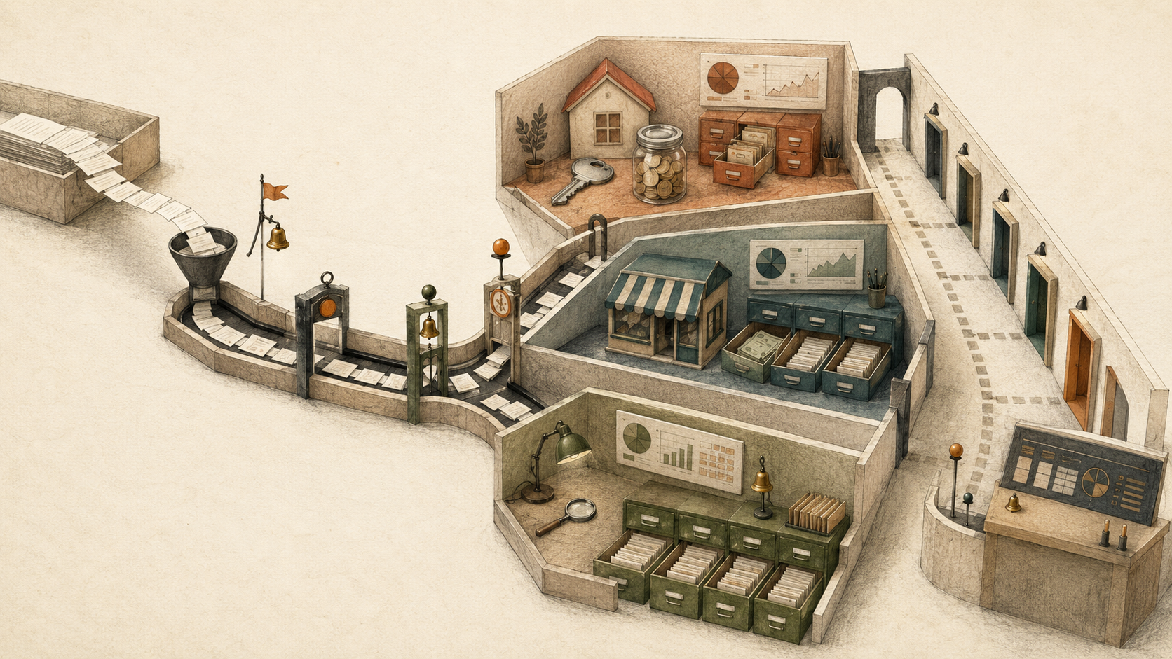 A modular financial workshop where bank records flow into separate personal, business and accountant workspaces