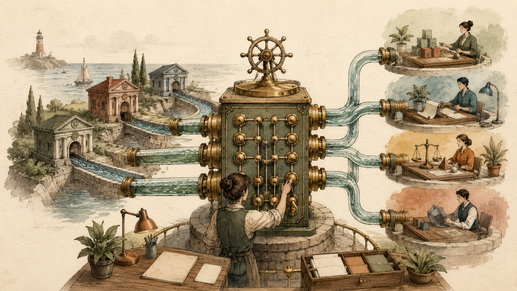 Hand-drawn modular harbour switchboard routing bank data to personal finance tools
