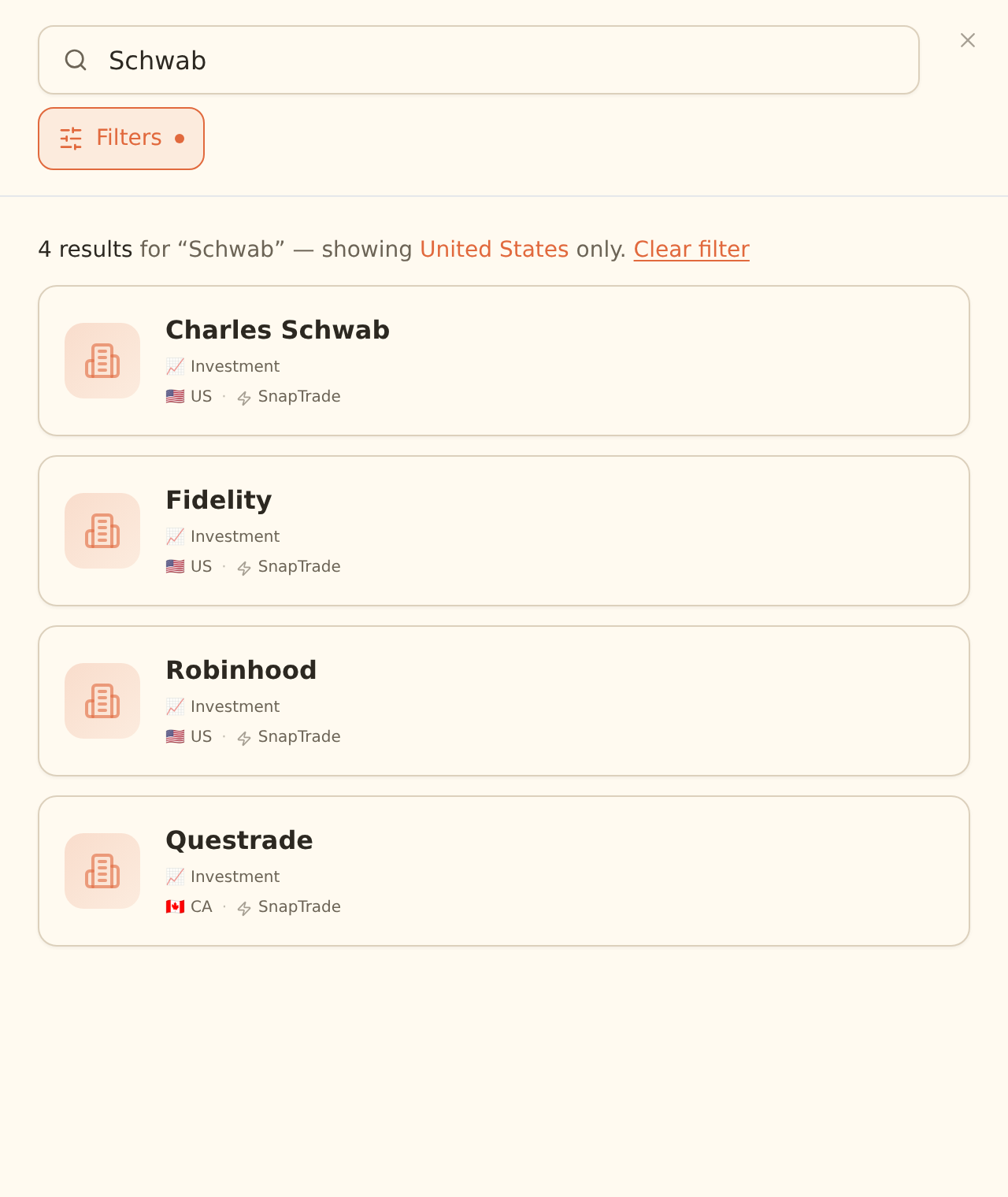BankSync brokerage connection search for holdings and trades