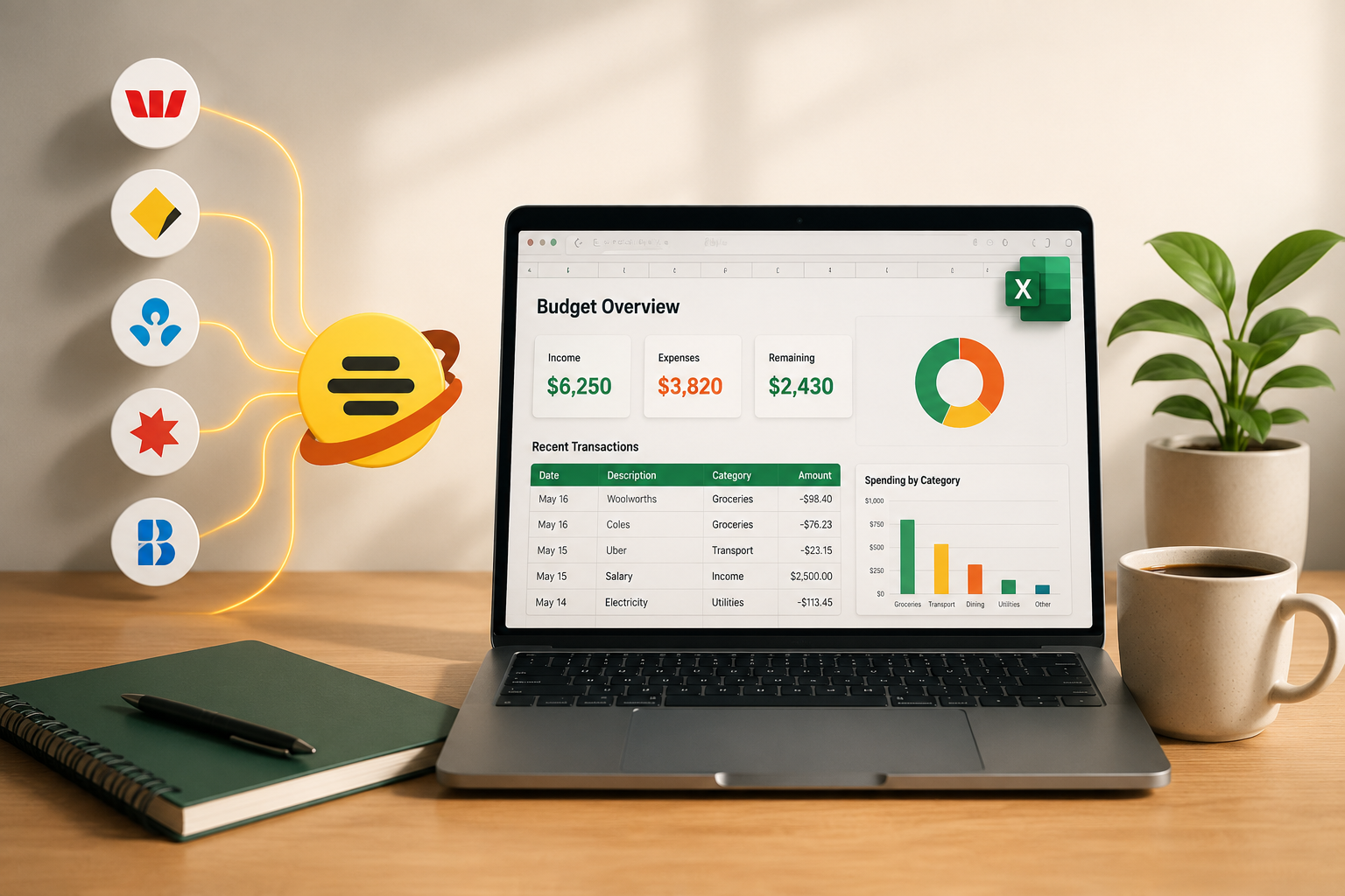 Australian bank accounts feeding an automatically updated Excel budget dashboard with transactions and spending charts