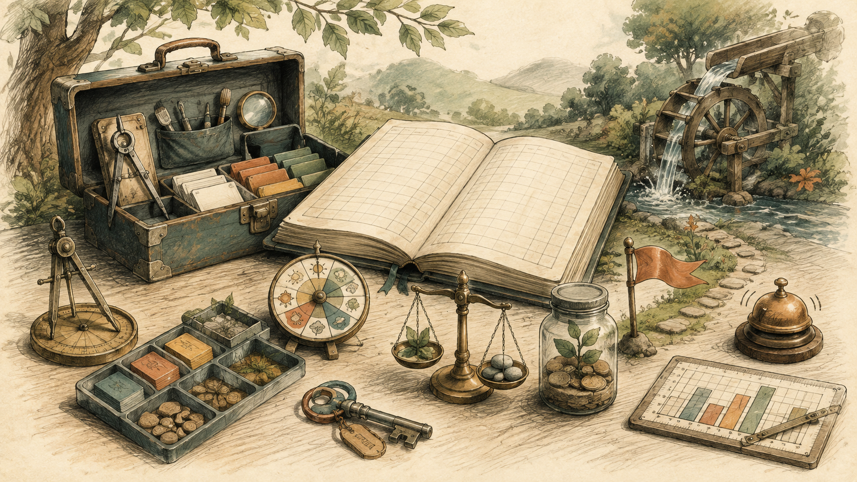Hand-drawn financial tracking toolbox beside a living budget spreadsheet