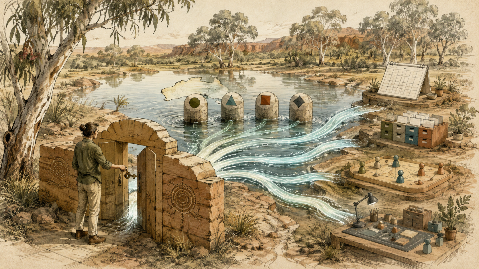 Hand-drawn Australian bank streams passing through a consent gate to four data tools