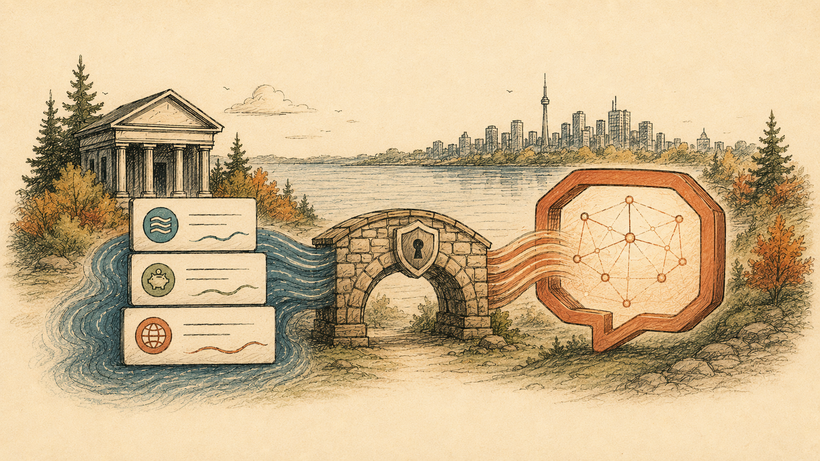 Canadian chequing, savings and cross-currency accounts flowing through a secure bridge to a conversational AI assistant
