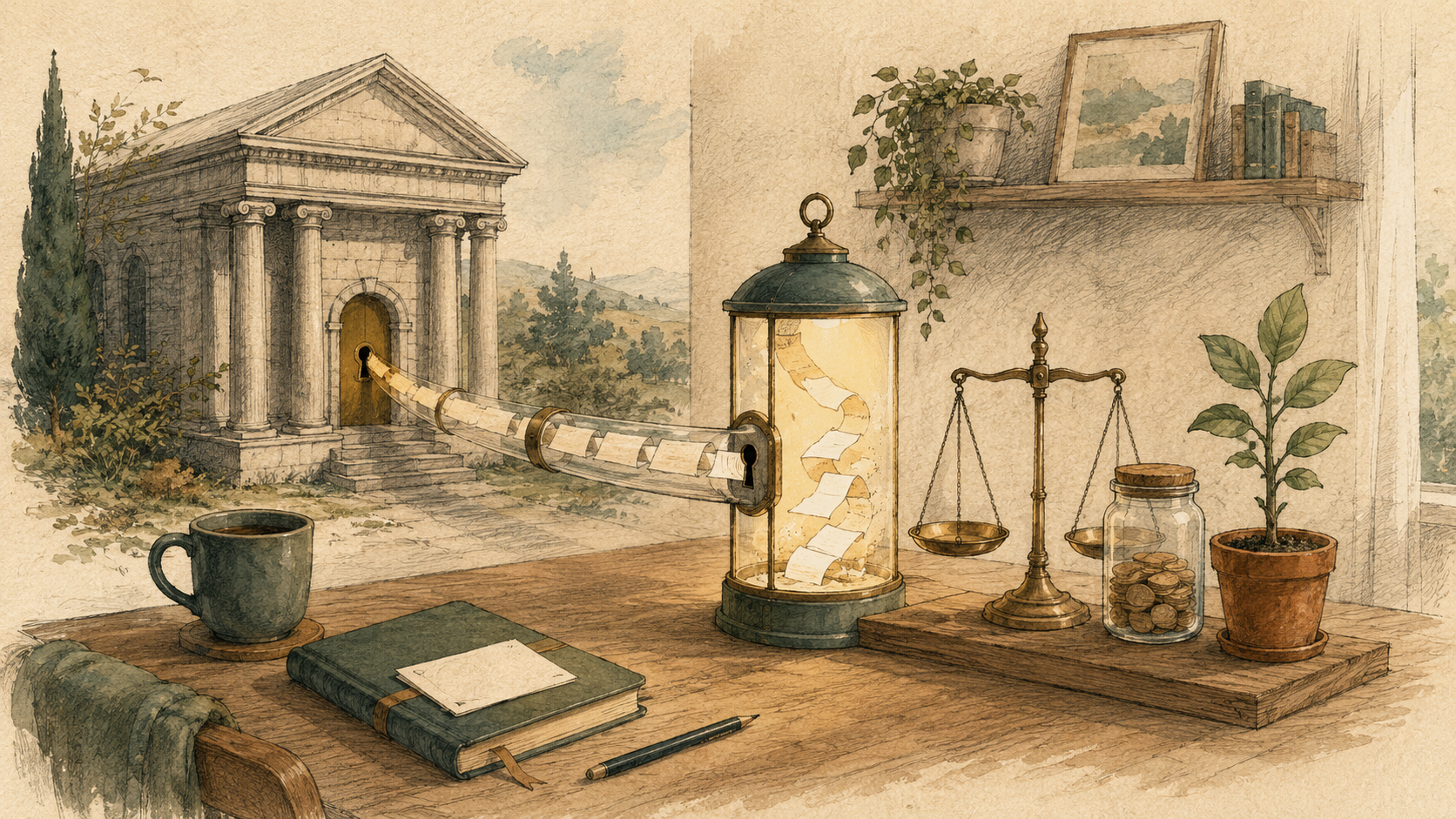 Hand-drawn home-office bank feed passing through a secure arch into a conversational desktop lantern