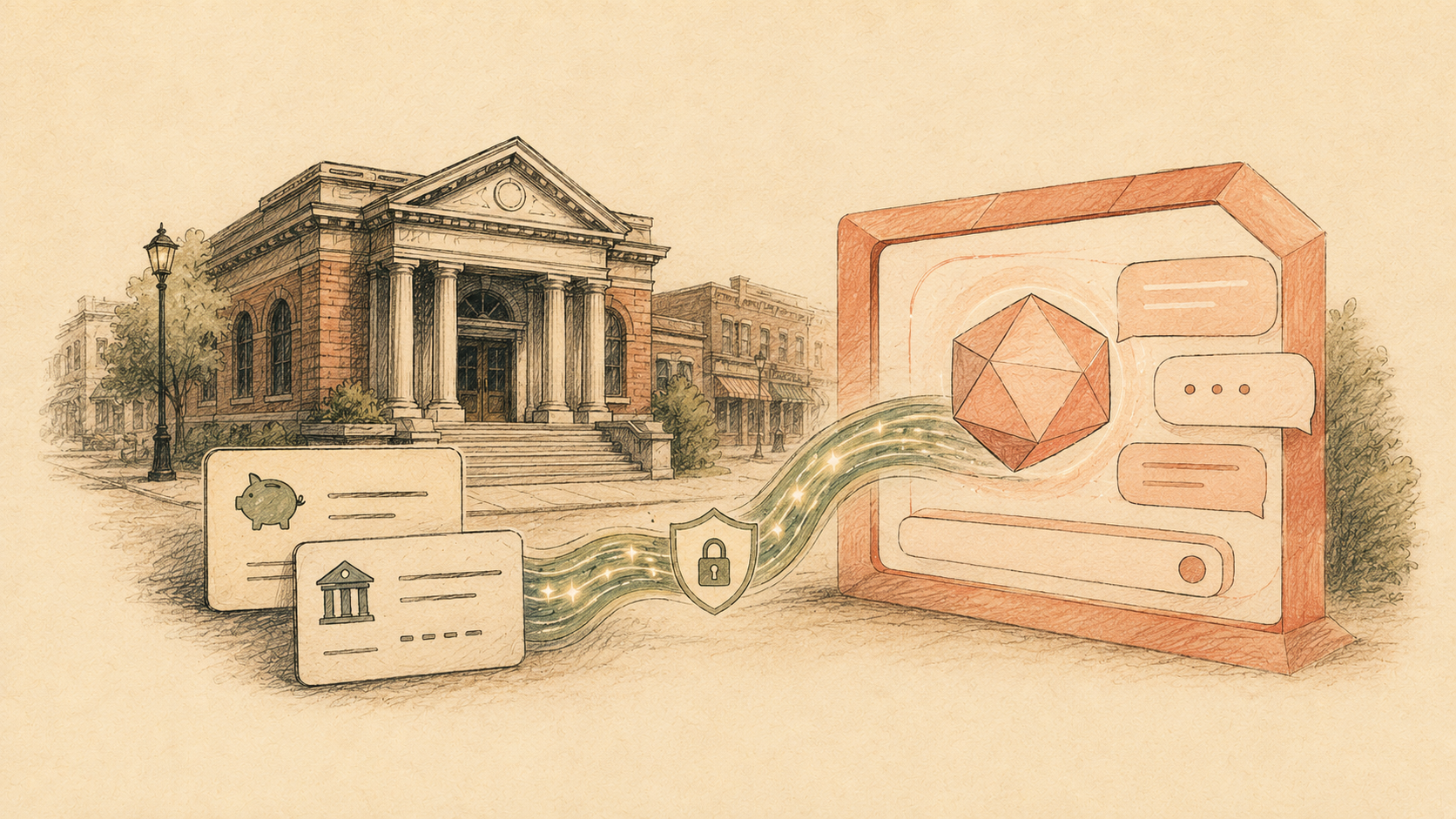 A US bank connecting through a protected data stream to a conversational AI assistant