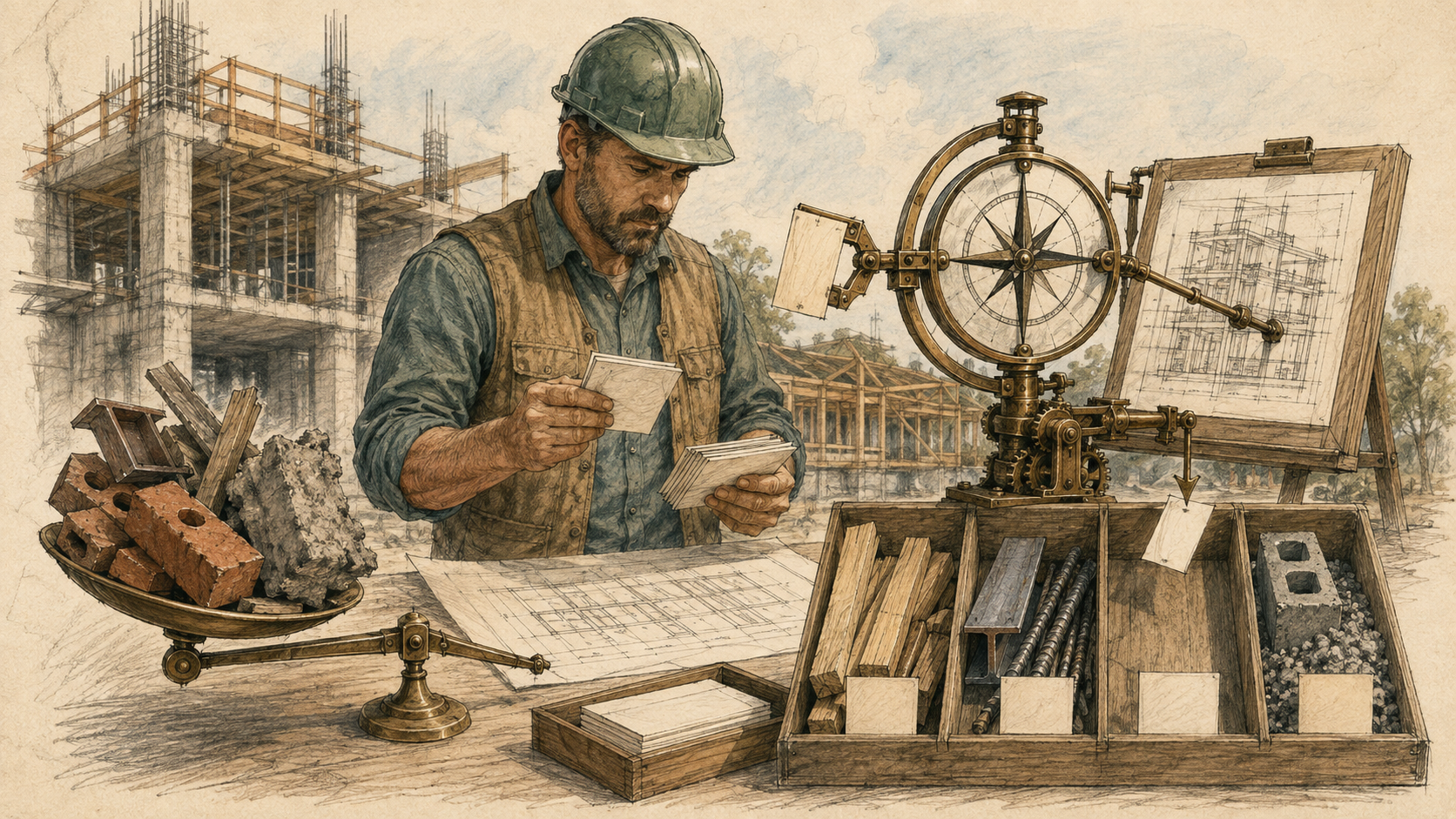 Hand-drawn construction foreman using a clockwork compass to sort receipts against blueprints