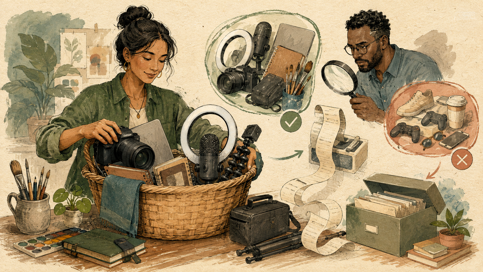 Hand-drawn content creator sorting cameras, studio tools and receipts for tax deductions