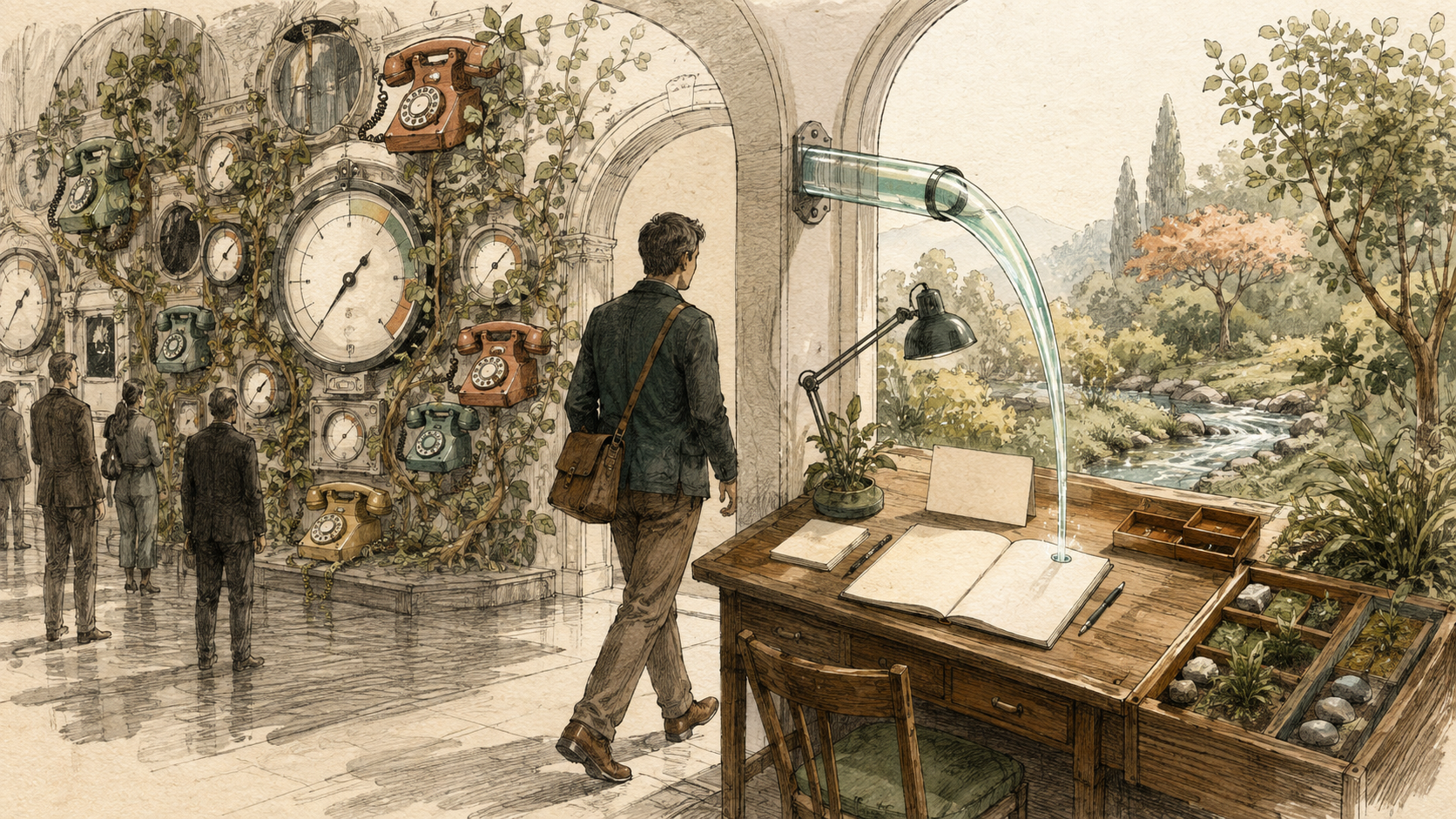 Hand-drawn person choosing a private financial workbench over an ornate dashboard showroom