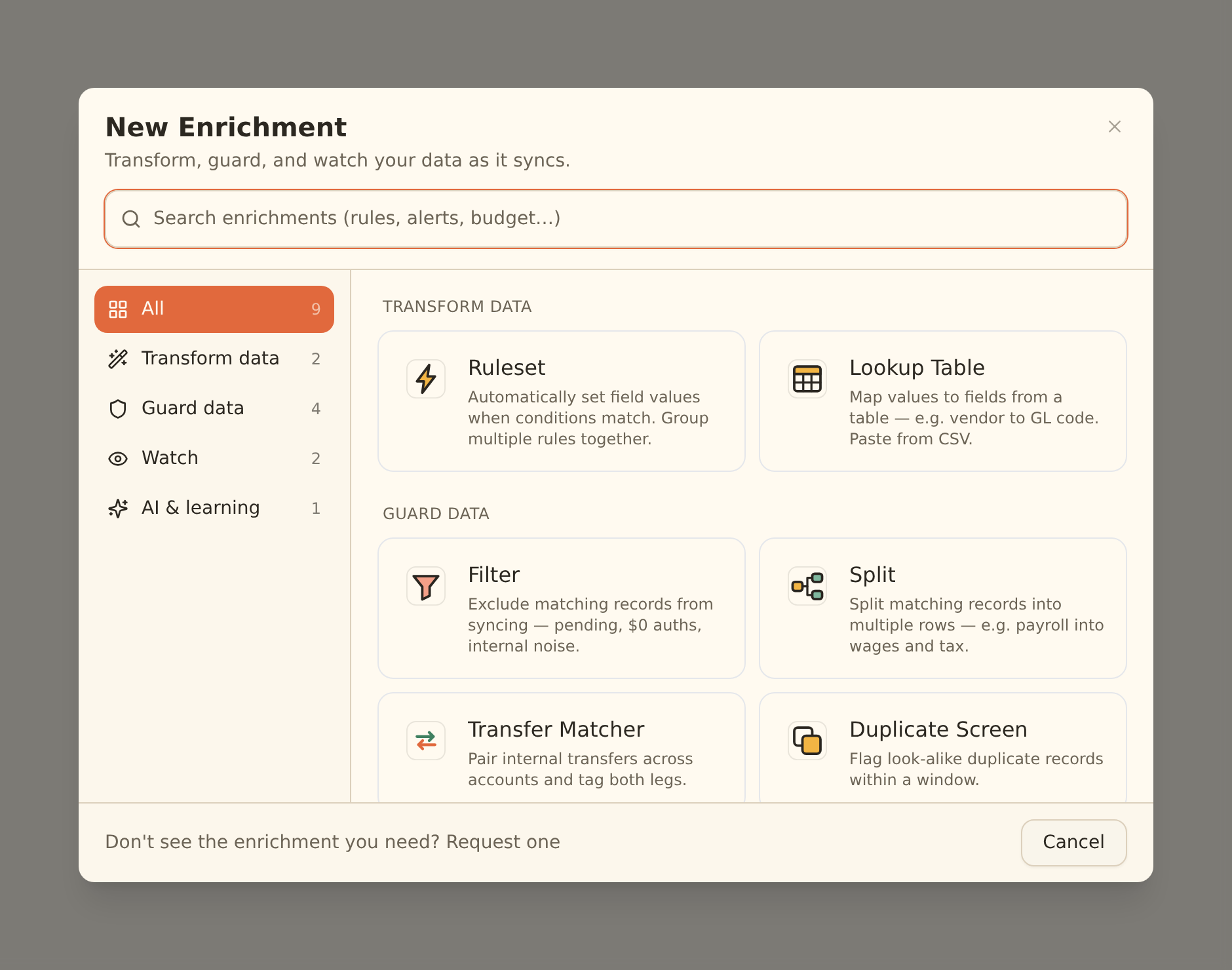 The BankSync enrichment library grouped into transform, guard, watch and AI categories