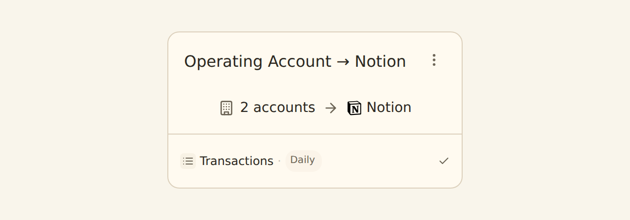 A BankSync feed card showing its source accounts, financial data type, destination, schedule and sync health