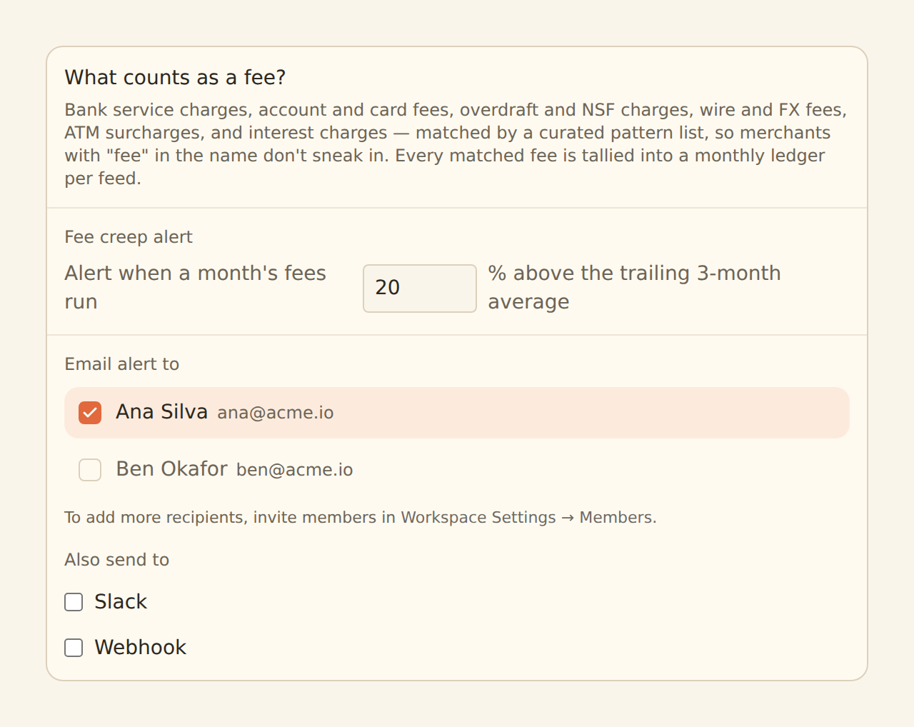 BankSync Fee Ledger configuration and fee-creep threshold