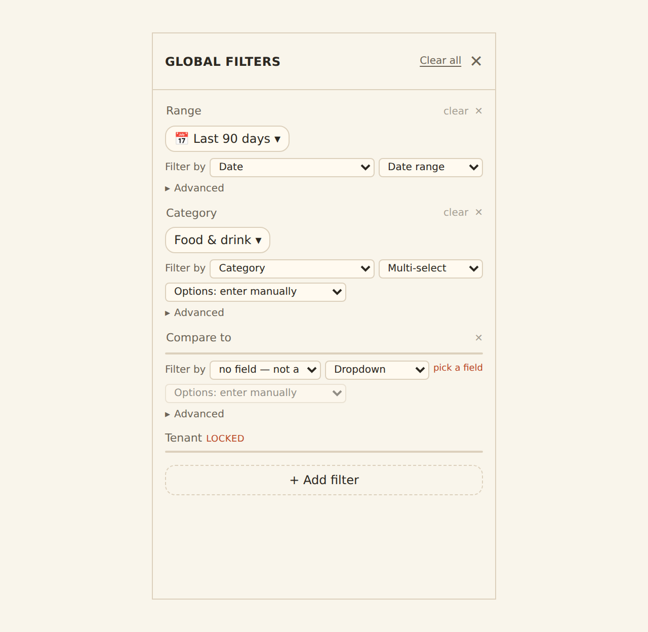 BankSync dashboard editing controls with source filters, date range and segment settings