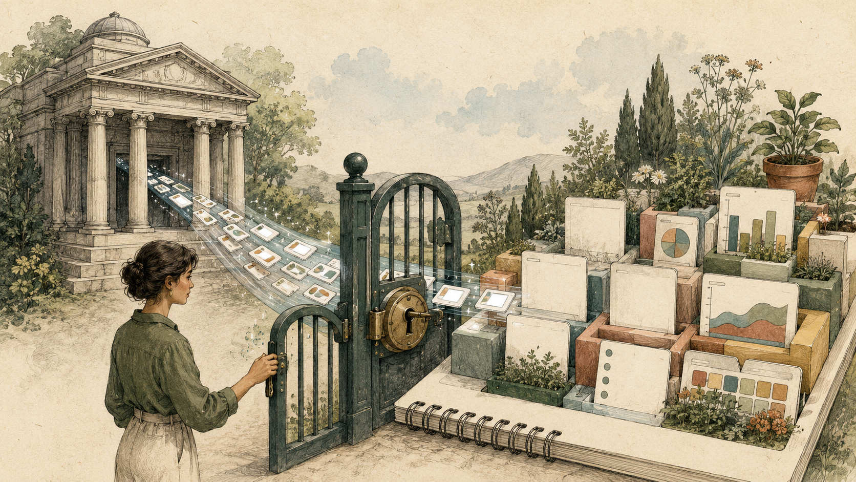 Hand-drawn secure bank stream filling a modular notebook with reusable finance views