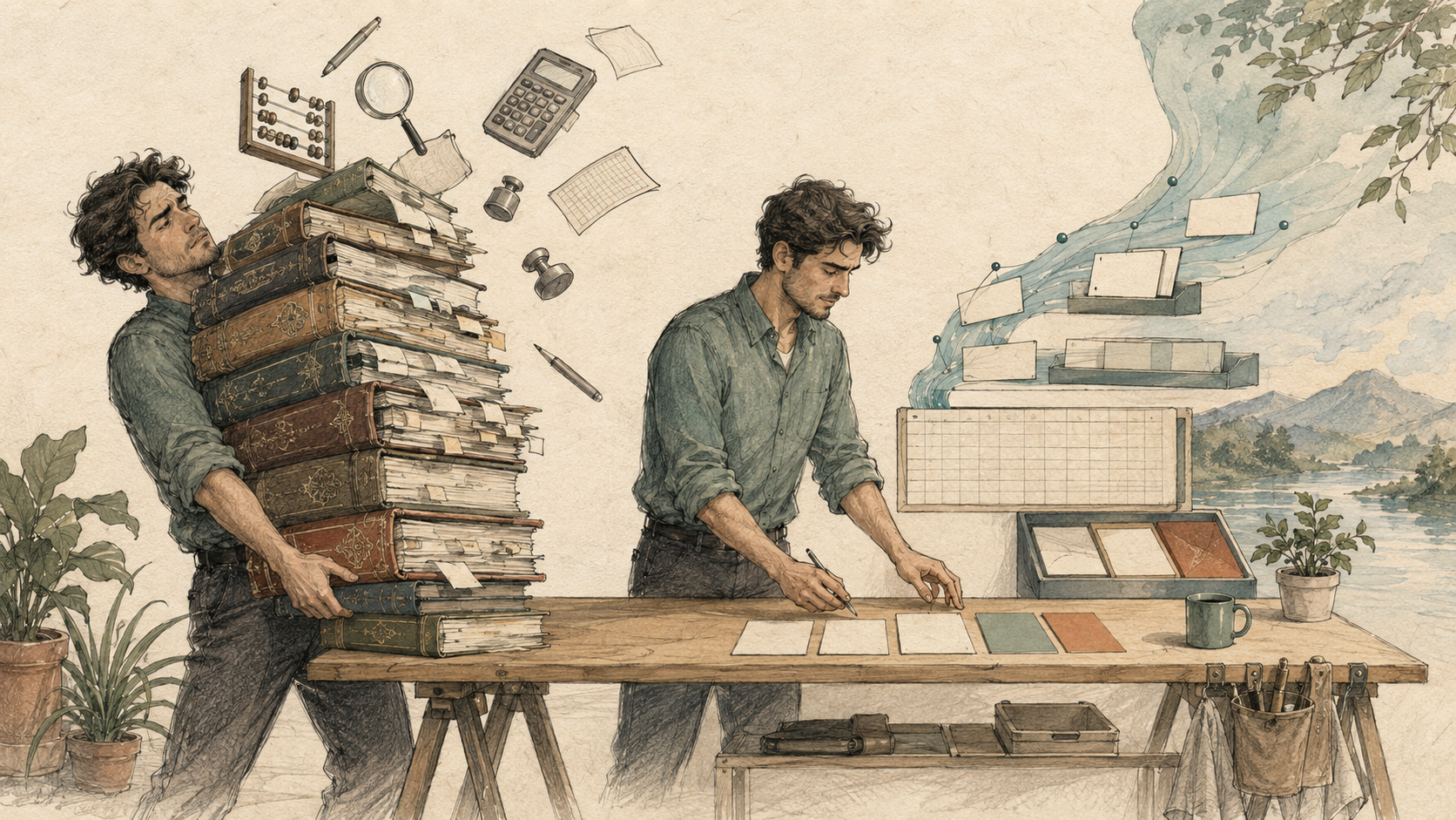 Hand-drawn freelancer replacing heavy accounting books with a flexible data workbench