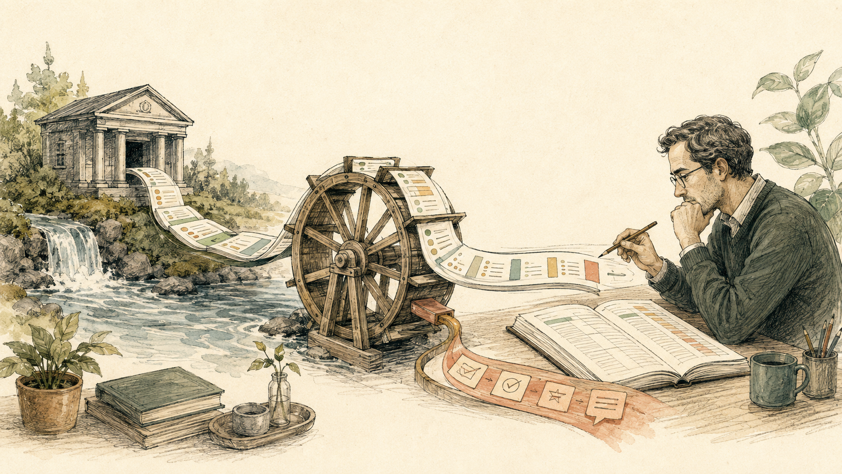 Hand-drawn accountant reviewing a bank transaction stream that turns a mill wheel and fills a live ledger