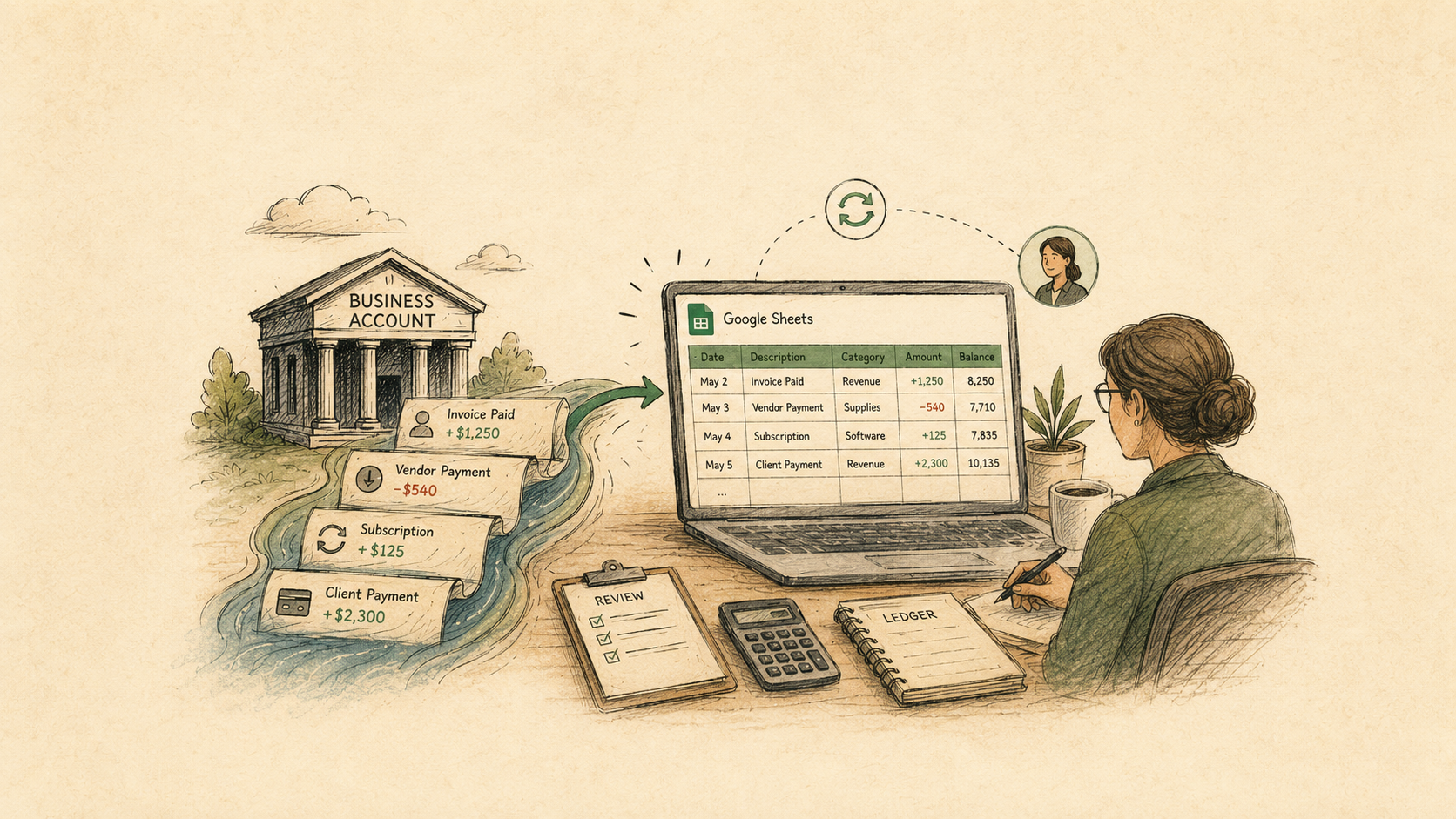 A business bank account sending transaction cards into a shared Google Sheet while an accountant reviews the continuously updated records