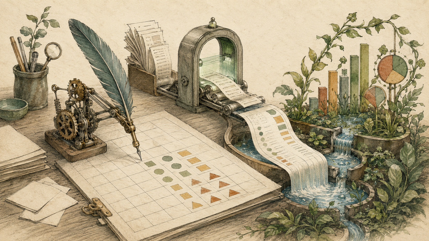 Hand-drawn bank feed and receipt scanner bringing a static bookkeeping grid to life