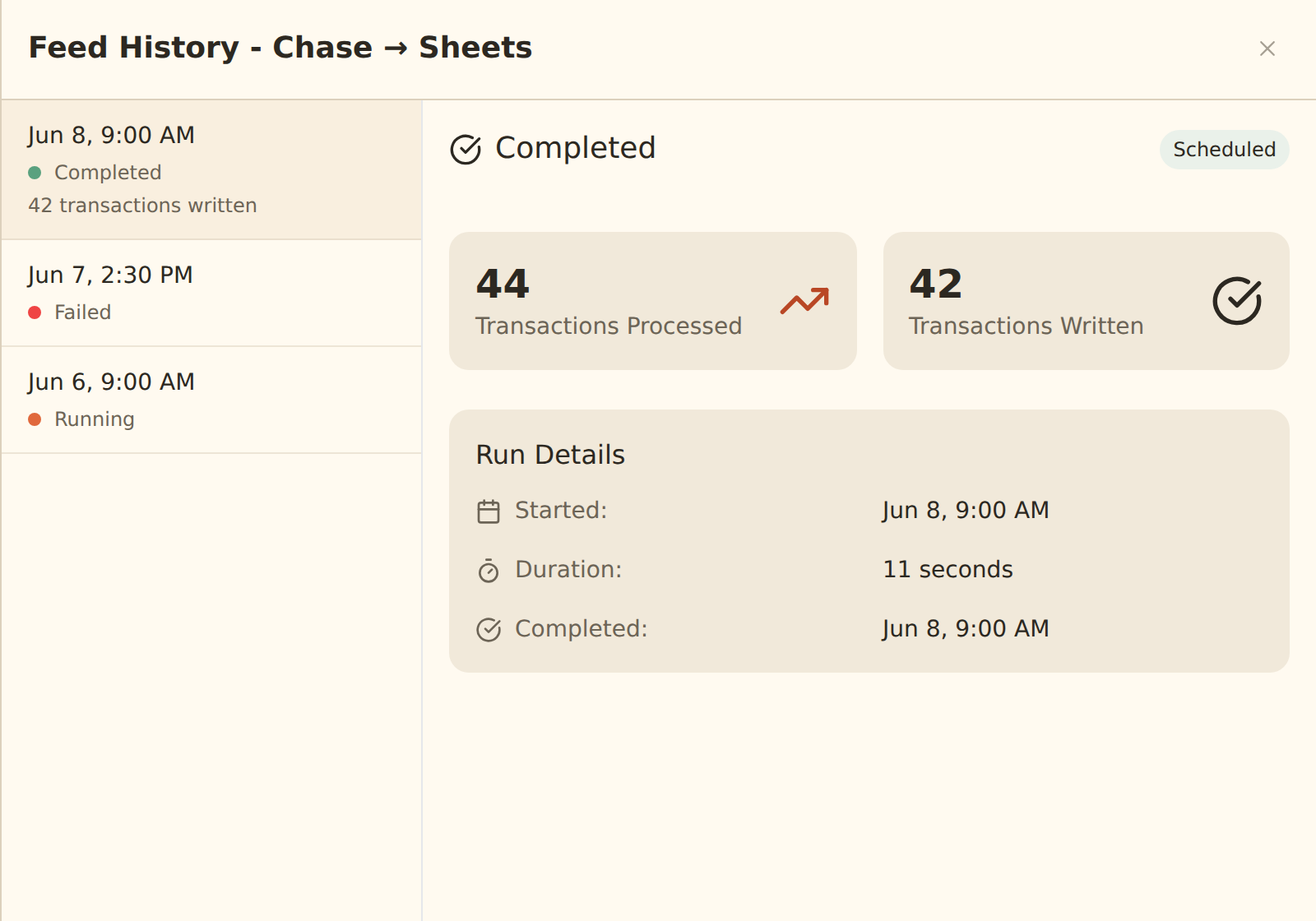 BankSync feed history with completed, failed and running jobs