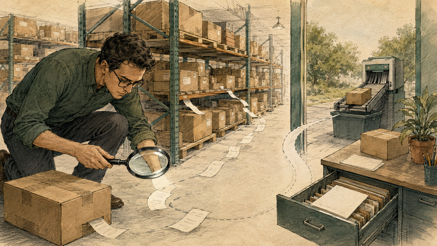 Hand-drawn person tracing a lost business receipt through a generic parcel warehouse