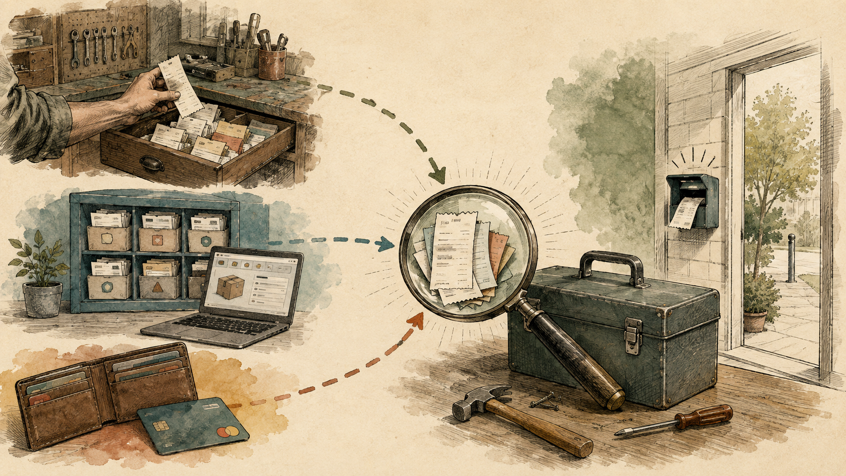 Hand-drawn three paths for recovering a hardware-store receipt converging at a magnifying glass