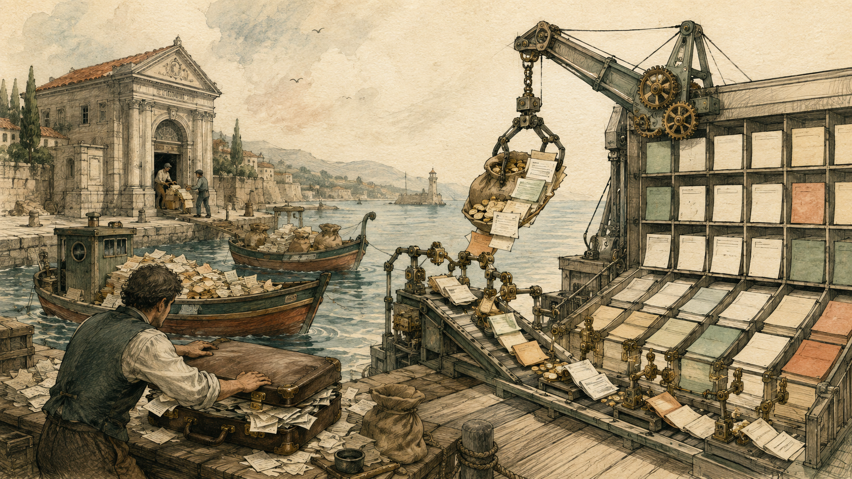 Hand-drawn harbour crane sorting bank transaction slips into a structured grid