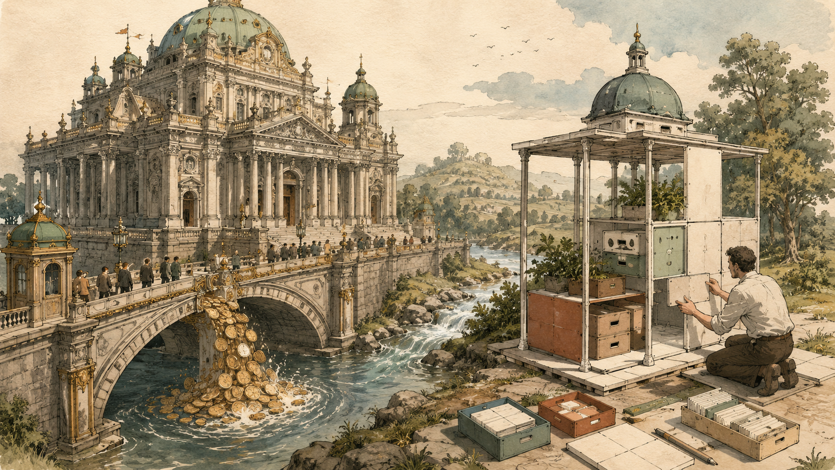 Hand-drawn person building a flexible finance pavilion beside an ornate subscription palace