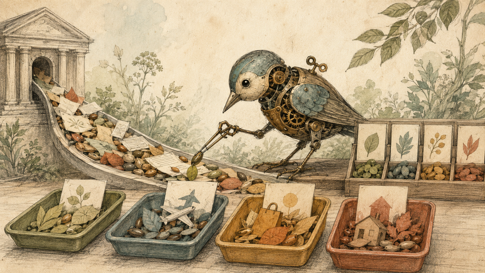 Hand-drawn clockwork bird learning to sort recurring transaction seeds into categories