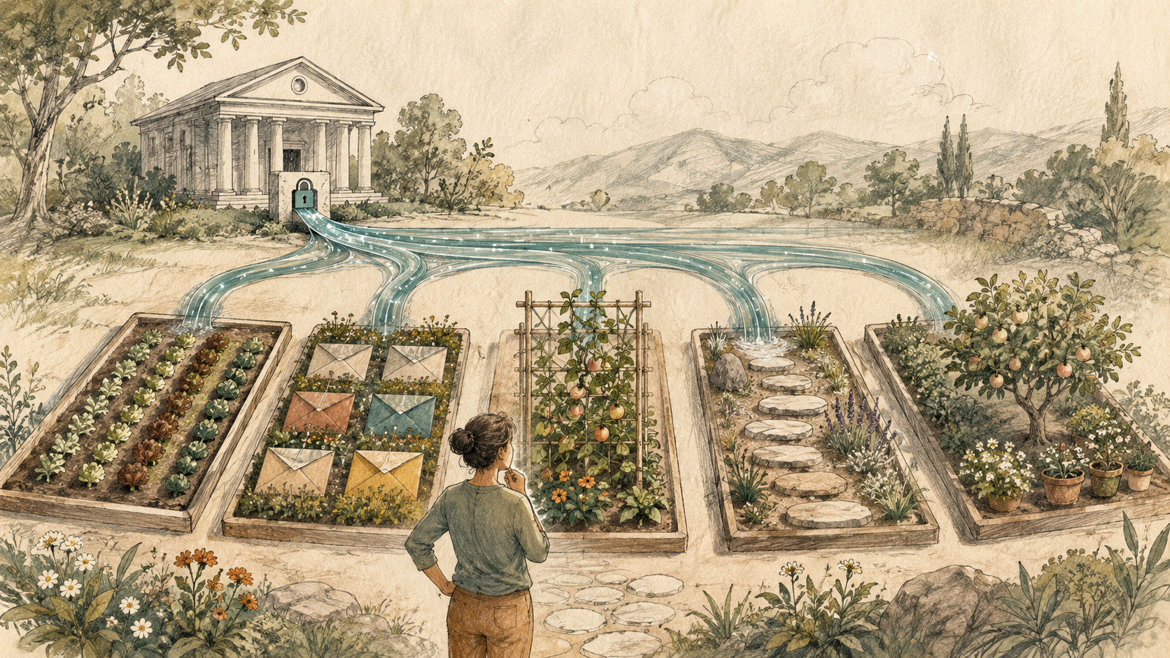 Hand-drawn five modular budget gardens fed by one automatic bank stream