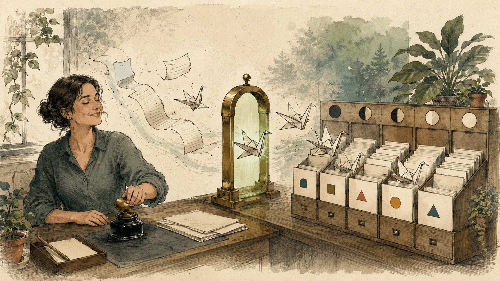 Hand-drawn receipts folding into paper cranes and landing in a modular archive
