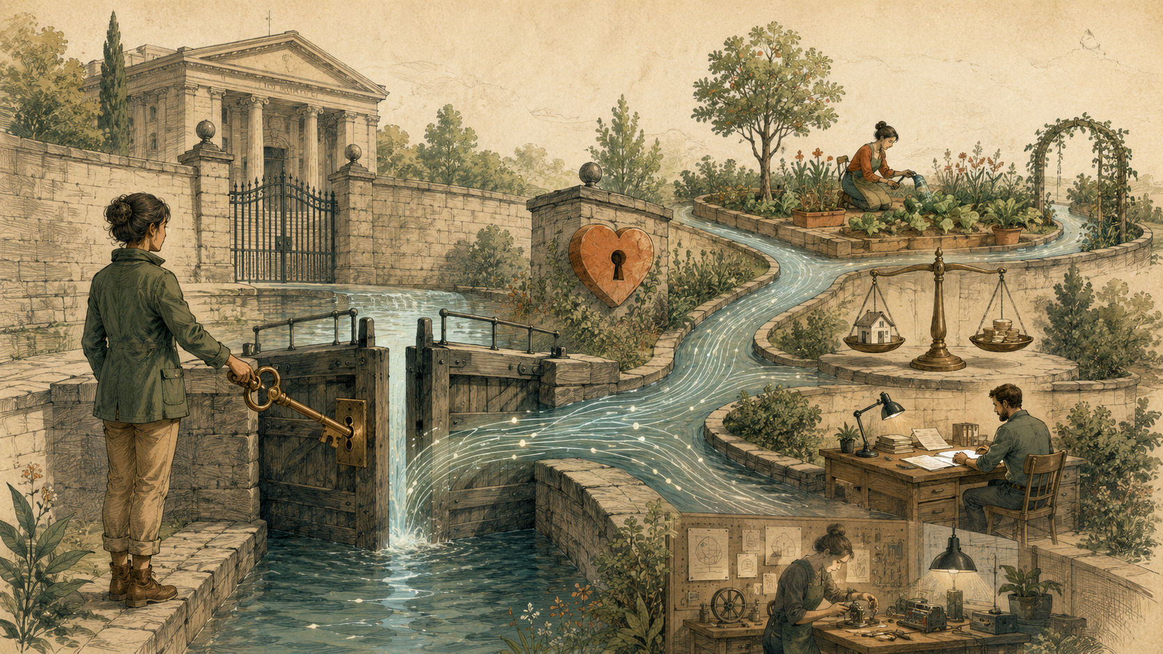 Hand-drawn person opening a bank canal lock so data can flow into useful financial services
