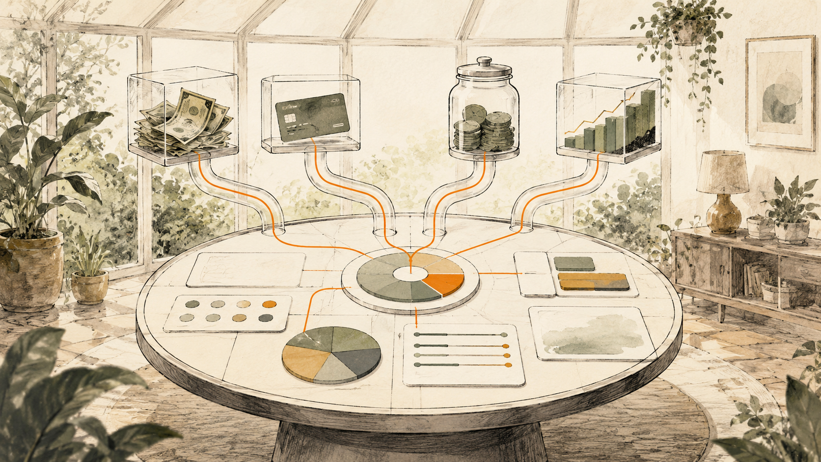 Household money sources connected to a calm personal finance dashboard