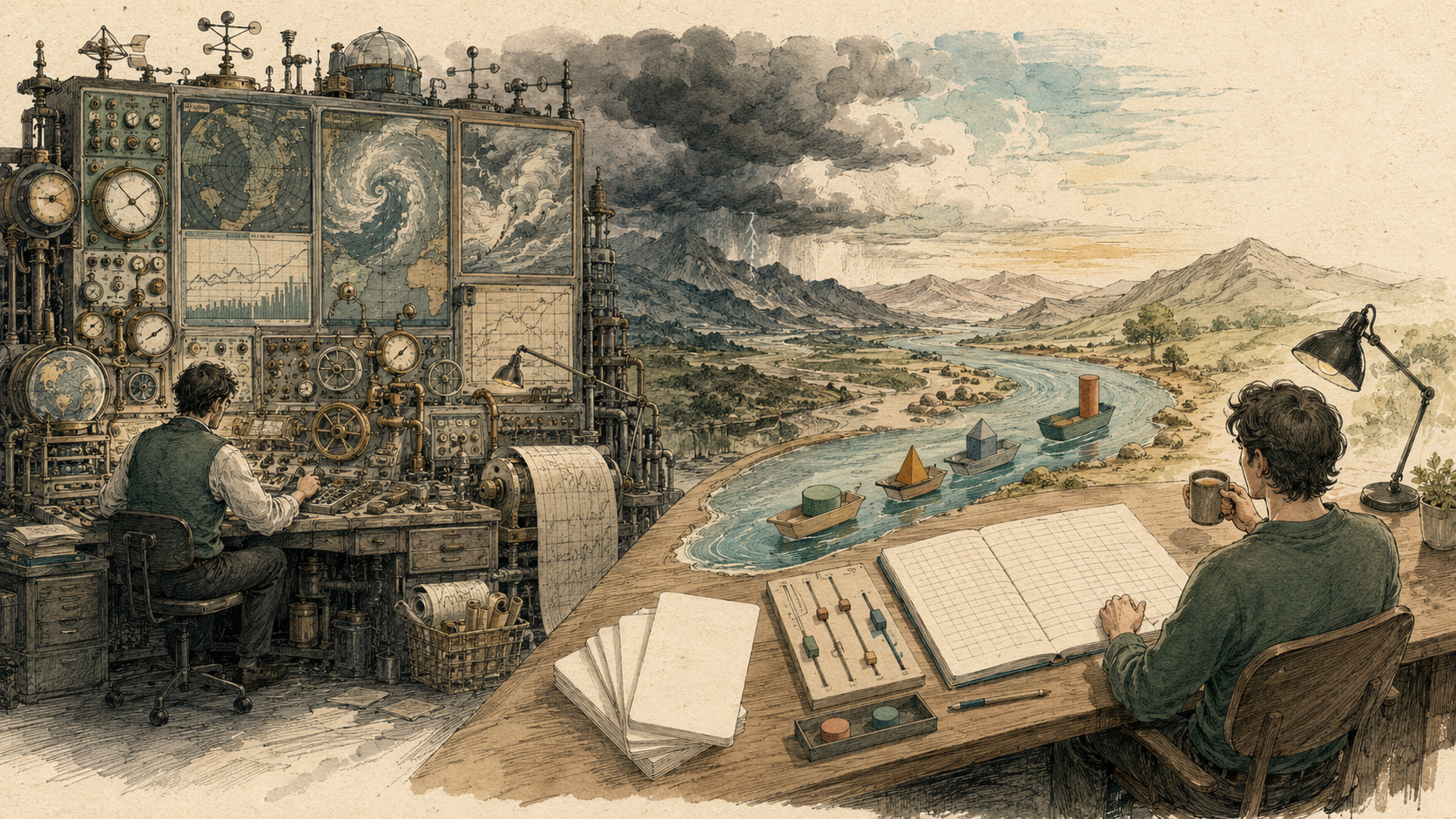 Hand-drawn comparison between a complex financial forecasting machine and a simple customizable desk
