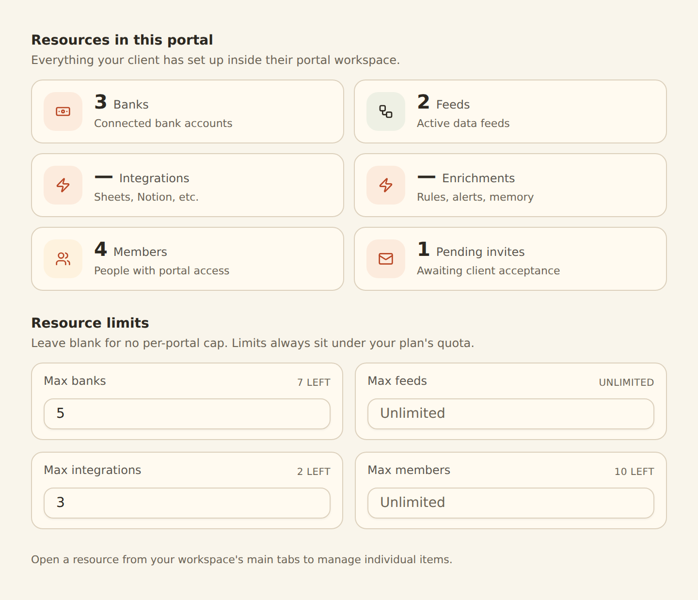 BankSync portal Resources panel for banks, feeds, integrations and limits