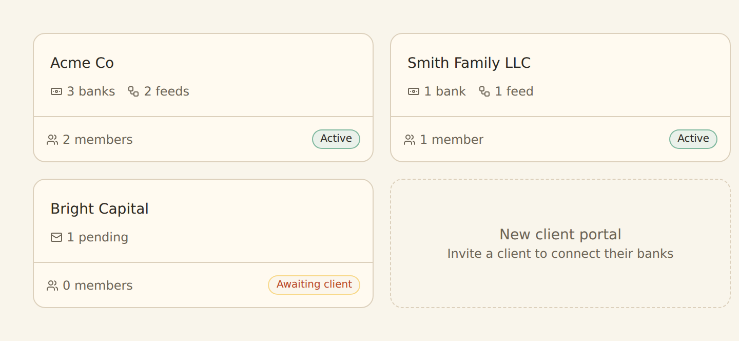 BankSync client portal cards showing connected banks and portal status