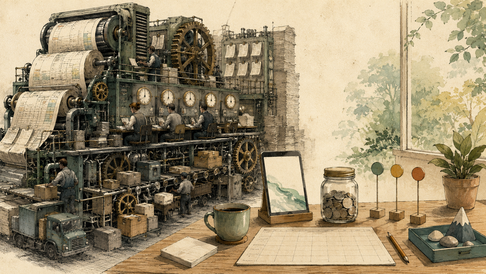 Hand-drawn household finance desk beside a large industrial bookkeeping machine