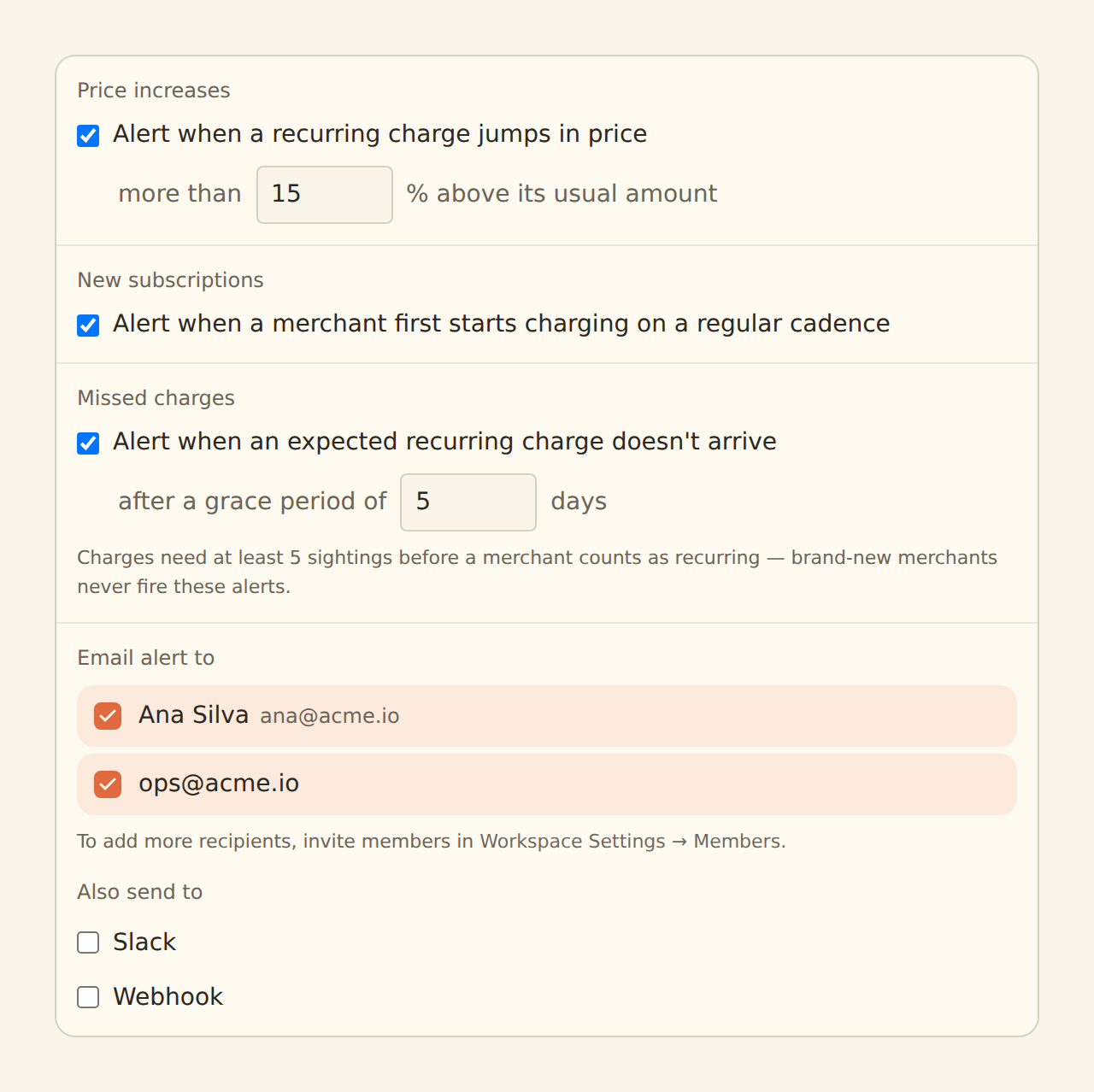 BankSync Recurring Registry with price increase, new subscription and missed-charge watches