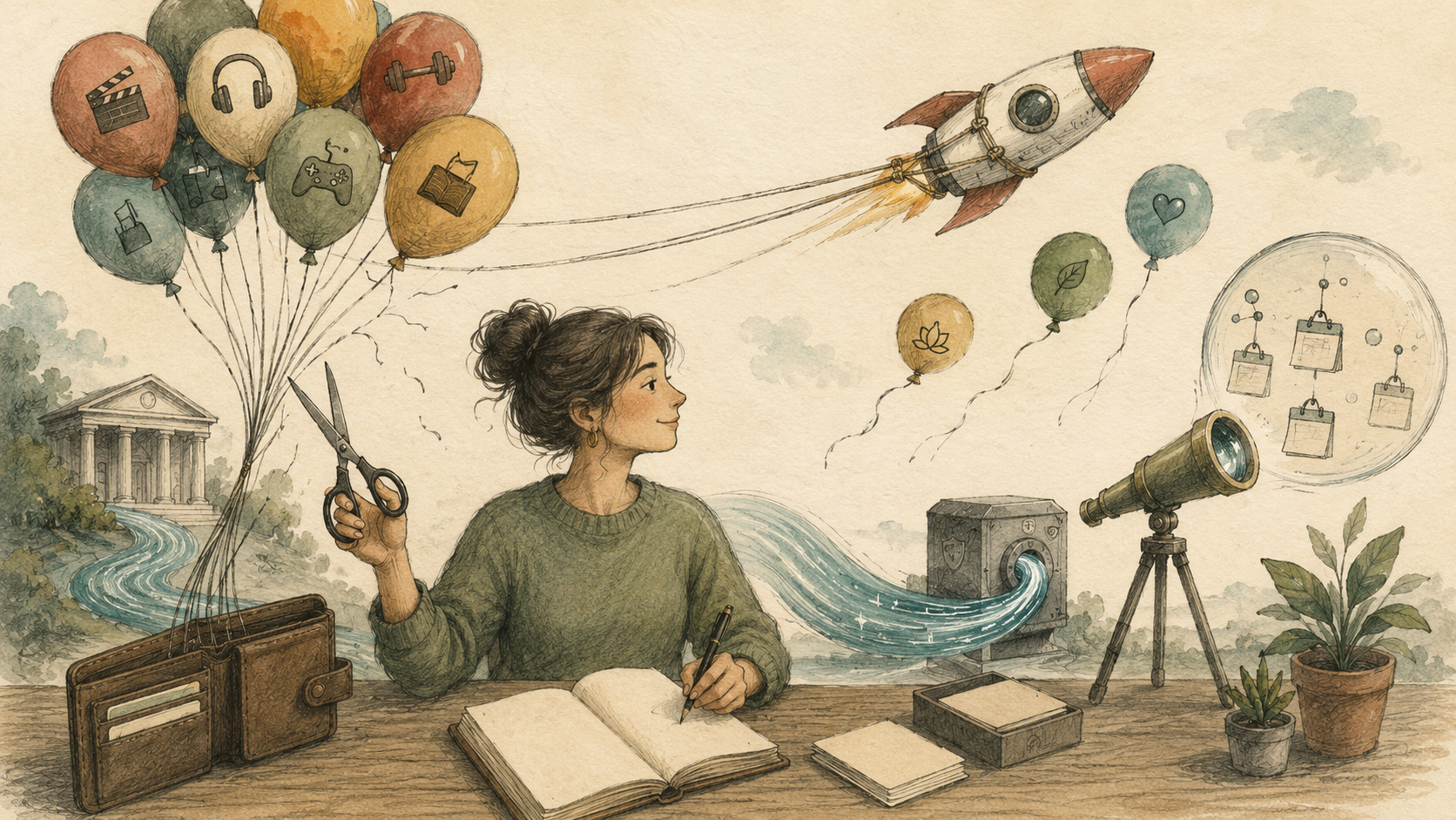 Hand-drawn person cutting unnecessary subscription balloons from a rocket-powered wallet