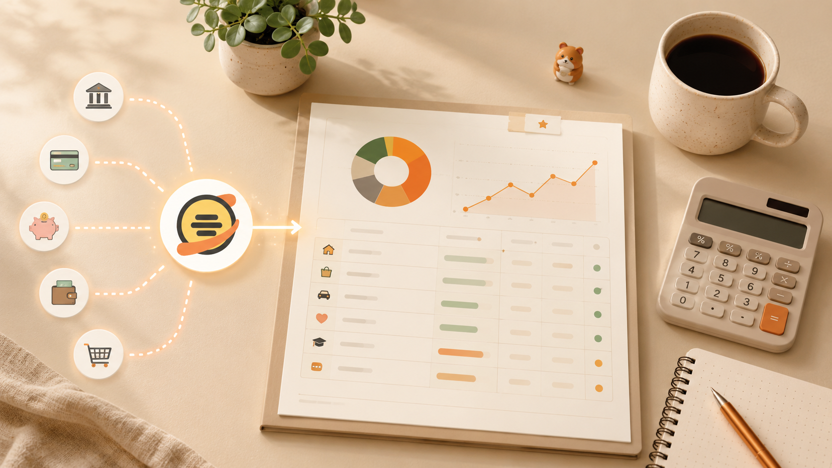 A self-updating budget shown as bank and spending data flowing through BankSync into an organised monthly budget planner