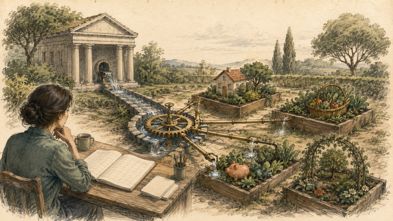 Hand-drawn household budget garden automatically watered by a clockwork bank feed