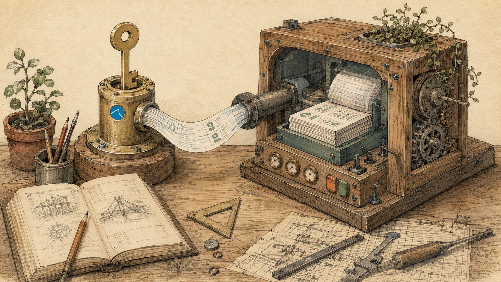 A one-time key opening a SimpleFIN data conduit into a handmade application