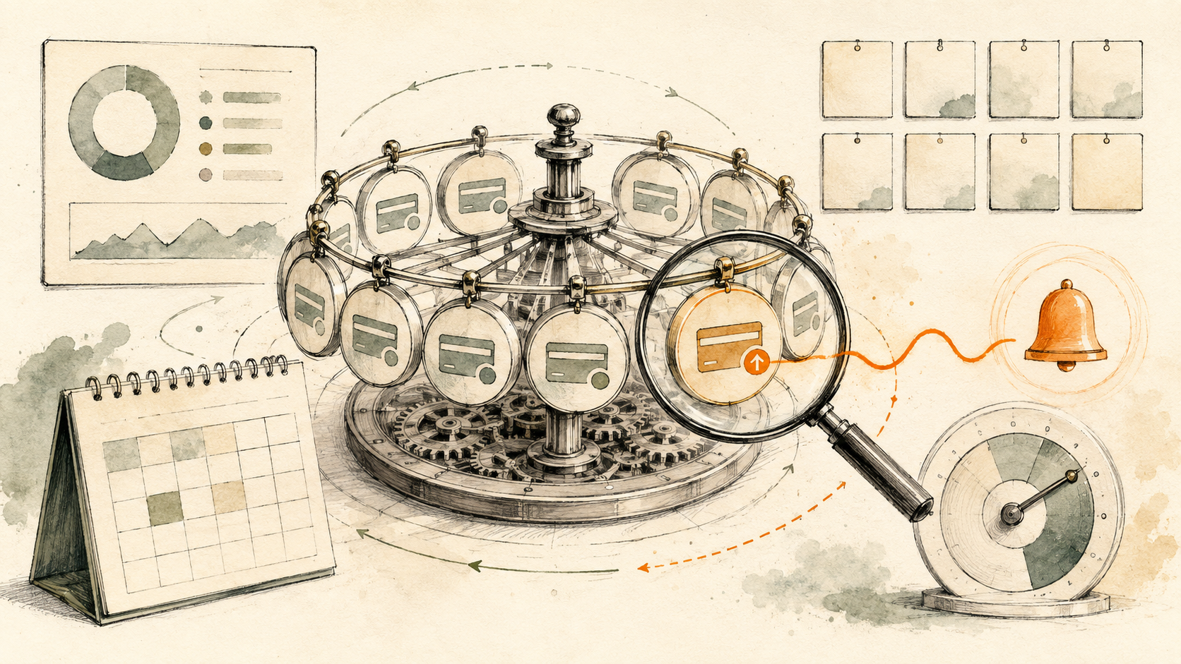 Recurring payments circling through a subscription tracker and renewal alert
