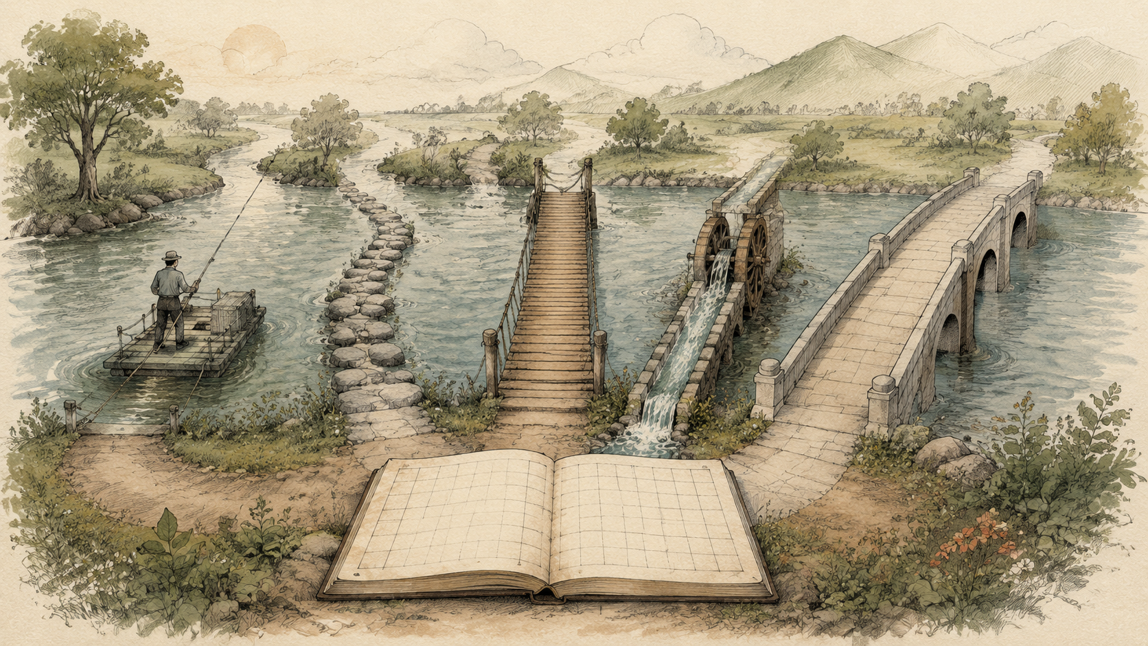 Hand-drawn bank data river crossed by five routes that converge in a spreadsheet ledger